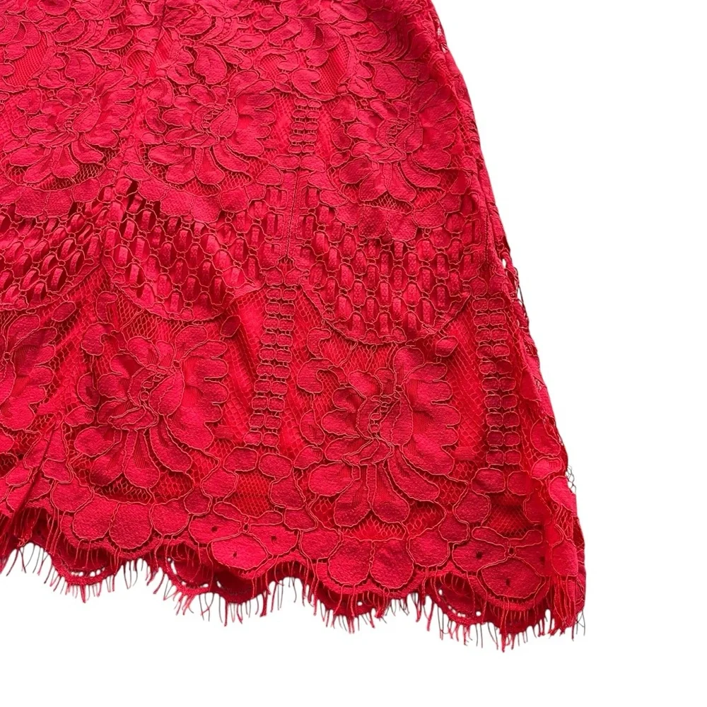 MSLG Womens Sz Large Bright Red Floral Lace Short Sleeve Round Neck A-line Dress